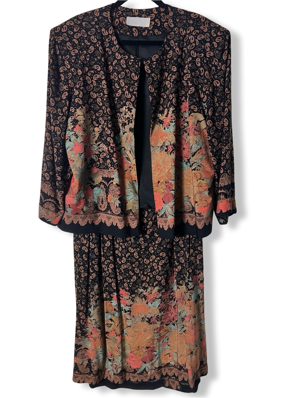 A.C. Sport Vintage Black Paisley Floral Open Jacket Maxi Skirt Set Sz 22W 24W - Picture 15 of 16